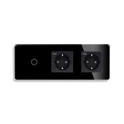 Сенсорный выключатель с двумя розетками и USB A+C 20Вт, с заземлением и шторками ELIOS 16А 230В черный стекло