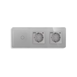 Сенсорный выключатель с двумя розетками и USB A+C 20Вт, с заземлением и шторками ELIOS 16А 230В серый стекло