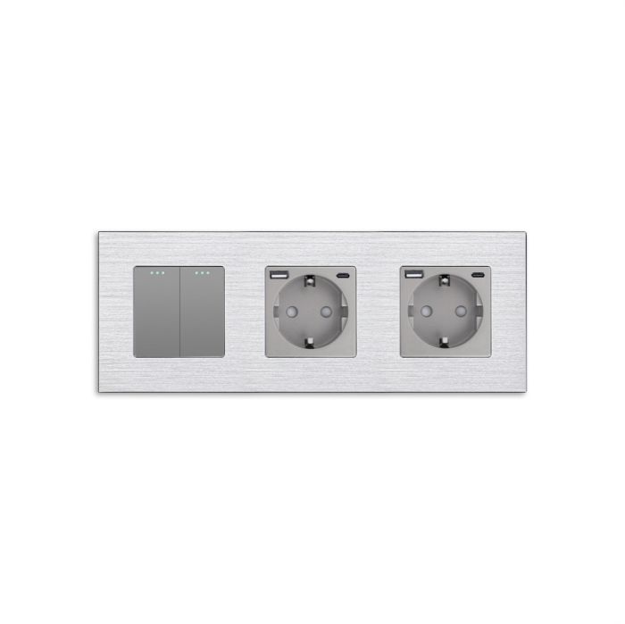 Выключатель универсальный 2-клавишный с двумя розетками USB A+C 20 Вт, заземление, WALLPAD серый, алюминий