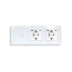Проходной сенсорный выключатель с двумя розетками и USB A+C 20Вт, с заземлением и шторками ELIOS белое стекло
