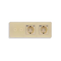 Двойной сенсорный выключатель с двумя розетками и USB A+C 20Вт, с заземлением и шторками ELIOS золотое стекло