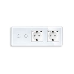 Двойной сенсорный выключатель с двумя розетками и USB A+C 20Вт, с заземлением и шторками ELIOS белый стекло