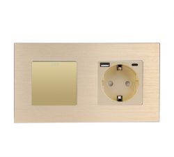 Универсальный выключатель (обычный / проходной) с розеткой USB A+C 20 Вт, заземление, WALLPAD золото, алюминий