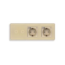 Двойной сенсорный выключатель с двумя розетками с крышкой IP44, с заземлением и шторками ELIOS золотое стекло