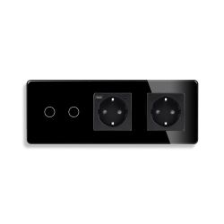 Двойной сенсорный выключатель с розеткой и розеткой USB A+C 20Вт, с заземлением и шторками ELIOS чёрный стекло