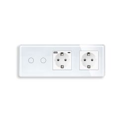 Двойной сенсорный выключатель с розеткой и розеткой USB A+C 20Вт, с заземлением и шторками ELIOS белое стекло
