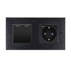 Двухклавишный перекрестный выключатель WALLPAD с розеткой и USB A+C 20 Вт, черный, алюминий, заземление