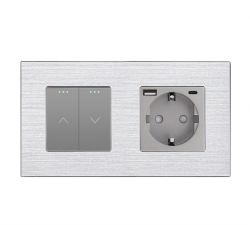 Двойной выключатель без фиксации WALLPAD с розеткой и USB A+C 20 Вт, серый, алюминий, заземление
