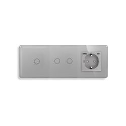 Сенсорный выключатель 3 сенсора (1-2) с розеткой с USB A+C 20Вт, с заземлением, шторки, ELIOS серый стекло