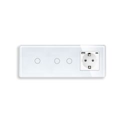 Проходной сенсорный выключатель 3 сенсора (1-2) с розеткой с USB A+C 20 Вт, заземление, ELIOS белое стекло