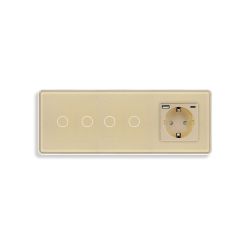 Проходной сенсорный выключатель 4 сенсора (2-2) с розеткой с USB A+C 20 Вт, заземление, ELIOS золотое стекло