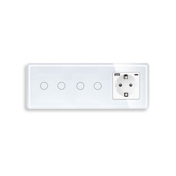 Проходной сенсорный выключатель 4 сенсора (2-2) с розеткой с USB A+C 20 Вт, заземление, ELIOS белое стекло