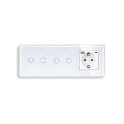 Сенсорный выключатель 4 сенсора (2-2) с розеткой с USB A+C 20Вт, с заземлением, шторки, ELIOS белый стекло