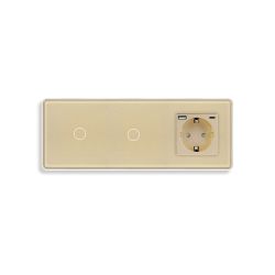 Сенсорный выключатель 2 сенсора (1-1) с розеткой с USB A+C 20Вт, с заземлением, шторки, ELIOS золотое стекло