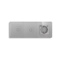 Сенсорный выключатель 2 сенсора (1-1) с розеткой с USB A+C 20Вт, с заземлением, шторки, ELIOS серый стекло