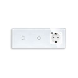 Сенсорный выключатель 2 сенсора (1-1) с розеткой с USB A+C 20Вт, с заземлением, шторки, ELIOS белый стекло