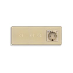 Сенсорный выключатель 3 сенсора (1-2) с розеткой с крышкой IP44, с заземлением, шторки, ELIOS золотое стекло