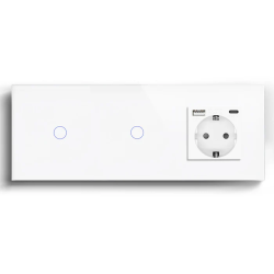 Сенсорный выключатель 2 сенсора (1-1) с розеткой с USB A+C 20Вт, с заземлением, шторки, LUXION белое стекло