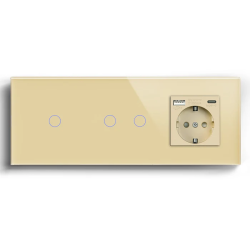 Проходной сенсорный выключатель 3 сенсора (1-2) с розеткой с USB A+C 20 Вт, заземление, LUXION золотое стекло