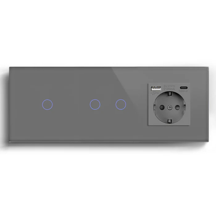 Проходной сенсорный выключатель 3 сенсора (1-2) с розеткой с USB A+C 20 Вт, заземление, LUXION серое стекло