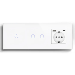 Проходной сенсорный выключатель 3 сенсора (1-2) с розеткой с USB A+C 20 Вт, заземление, LUXION белое стекло