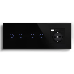 Проходной сенсорный выключатель 4 сенсора (2-2) с розеткой с USB A+C 20 Вт, заземление, LUXION чёрное стекло