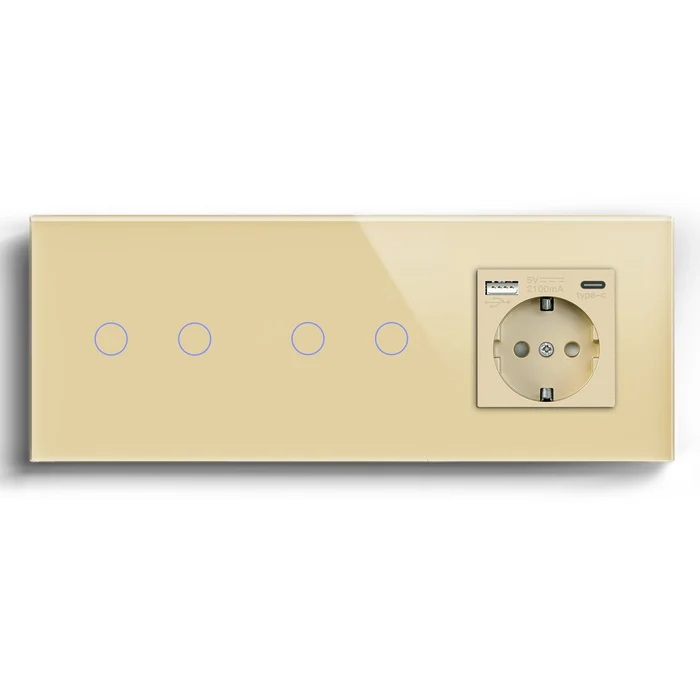 Проходной сенсорный выключатель 4 сенсора (2-2) с розеткой с USB A+C 20 Вт, заземление, LUXION золотое стекло