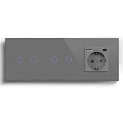 Проходной сенсорный выключатель 4 сенсора (2-2) с розеткой с USB A+C 20 Вт, заземление, LUXION серое стекло