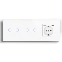 Сенсорный выключатель 4 сенсора (2-2) с розеткой с USB A+C 20Вт, с заземлением, шторки, LUXION белое стекло