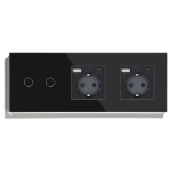 Проходной двойной сенсорный выключатель с двумя розетками и USB A+C 20Вт, с заземлением LUXION чёрный стекло