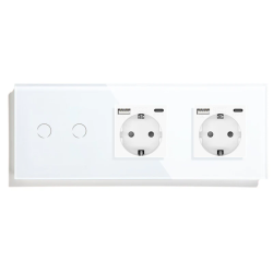 Проходной двойной сенсорный выключатель с двумя розетками и USB A+C 20 Вт, с заземлением LUXION белое стекло