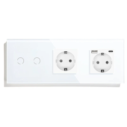 Двойной сенсорный выключатель с розеткой и розеткой USB A+C 20Вт, с заземлением и шторками LUXION белый стекло
