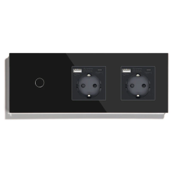 Сенсорный выключатель с двумя розетками и USB A+C 20Вт, с заземлением и шторками LUXION 16А 230В черный стекло