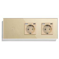 Сенсорный выключатель с двумя розетками и USB A+C 20Вт, с заземлением и шторками LUXION 16А 230В золото стекло
