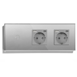 Сенсорный выключатель с двумя розетками и USB A+C 20Вт, с заземлением и шторками LUXION 16А 230В серый стекло