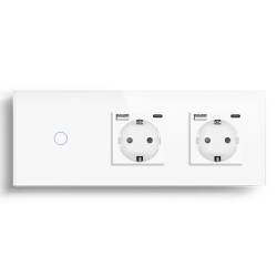 Проходной сенсорный выключатель с двумя розетками и USB A+C 20Вт, с заземлением и шторками LUXION белый стекло