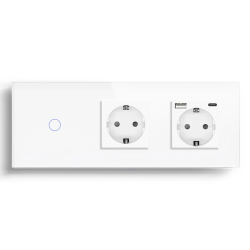 Сенсорный выключатель с розеткой и розеткой USB A+C 20Вт, с заземлением LUXION 16А 230В белый стекло