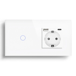 Сенсорный выключатель LUXION с розеткой и USB A+C 20Вт, белый, стекло, с заземлением и шторками, 16А 230В