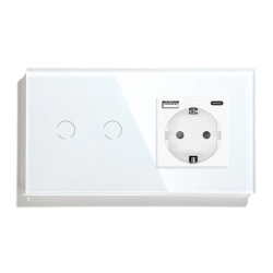 Сенсорный двойной проходной выключатель LUXION с розеткой и USB A+C 20Вт, белый, стекло, сенсорный, заземление