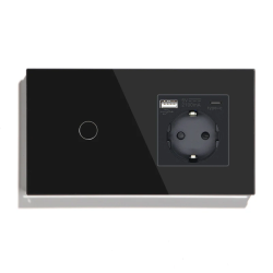 Сенсорный выключатель LUXION с розеткой и USB A+C 20Вт, черный, стекло, с заземлением и шторками, 16А 230В