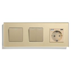 Выключатель универсальный 3-клавишный (1-2) с розеткой USB A+C 20 Вт, заземление, LUXION, золото, стекло