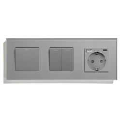 Выключатель универсальный 3-клавишный (1-2) с розеткой с USB A+C 20 Вт, заземление, LUXION, серое стекло