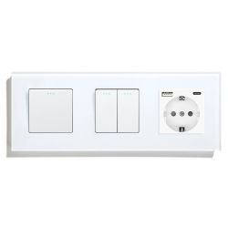 Перекрёстный выключатель 3-клавишный (1-2) с розеткой с USB A+C 20 Вт, заземление, LUXION, белое стекло