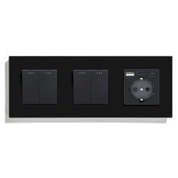 Выключатель универсальный 4-клавишный (2-2) с розеткой с USB A+C 20 Вт, заземление, LUXION, чёрное стекло