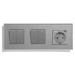 Выключатель универсальный 4-клавишный (2-2) с розеткой с USB A+C 20 Вт, заземление, LUXION, серое стекло