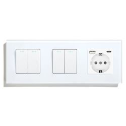 Выключатель универсальный 4-клавишный (2-2) с розеткой с USB A+C 20 Вт, заземление, LUXION, белое стекло