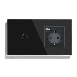 Сенсорный проходной выключатель LUXION с розеткой и USB A+C 20Вт, чёрный, стекло, с заземлением и шторками