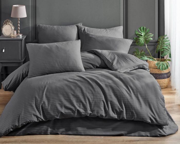 Двоспальний Євро комплект Charlotte Antracite Сатин-Stripe / простирадло на резинці 180x200см