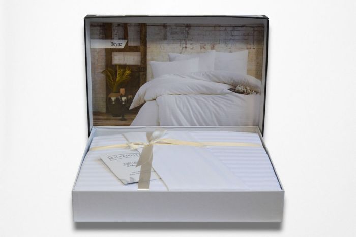 Двоспальний Євро комплект Charlotte Beyaz Сатин-Stripe / простирадло на резинці 180x200см