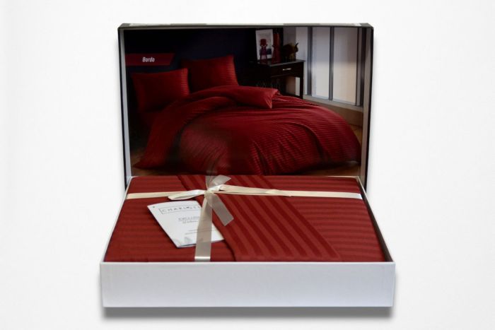 Двоспальний Євро комплект Charlotte Bordo Сатин-Stripe / простирадло на резинці 180x200см